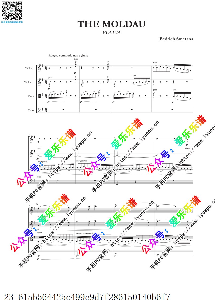Smetana 斯美塔那 沃尔塔瓦河 Vltava 2小中大提琴 弦乐四重奏 -总谱和分谱 乐谱曲谱总谱分谱伴奏音乐在线预览试听下载