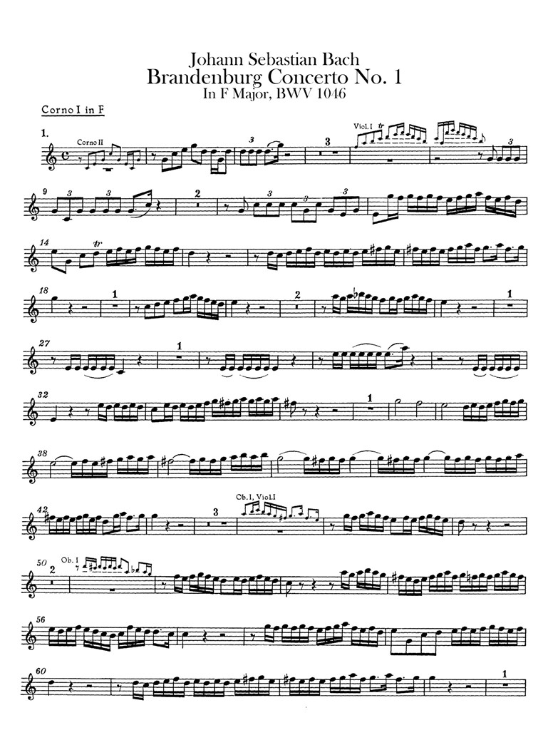 巴赫第一勃兰登堡协奏曲BWV1046 管弦乐队谱 圆号I-II分谱 乐谱曲谱总谱分谱伴奏音乐在线预览试听下载