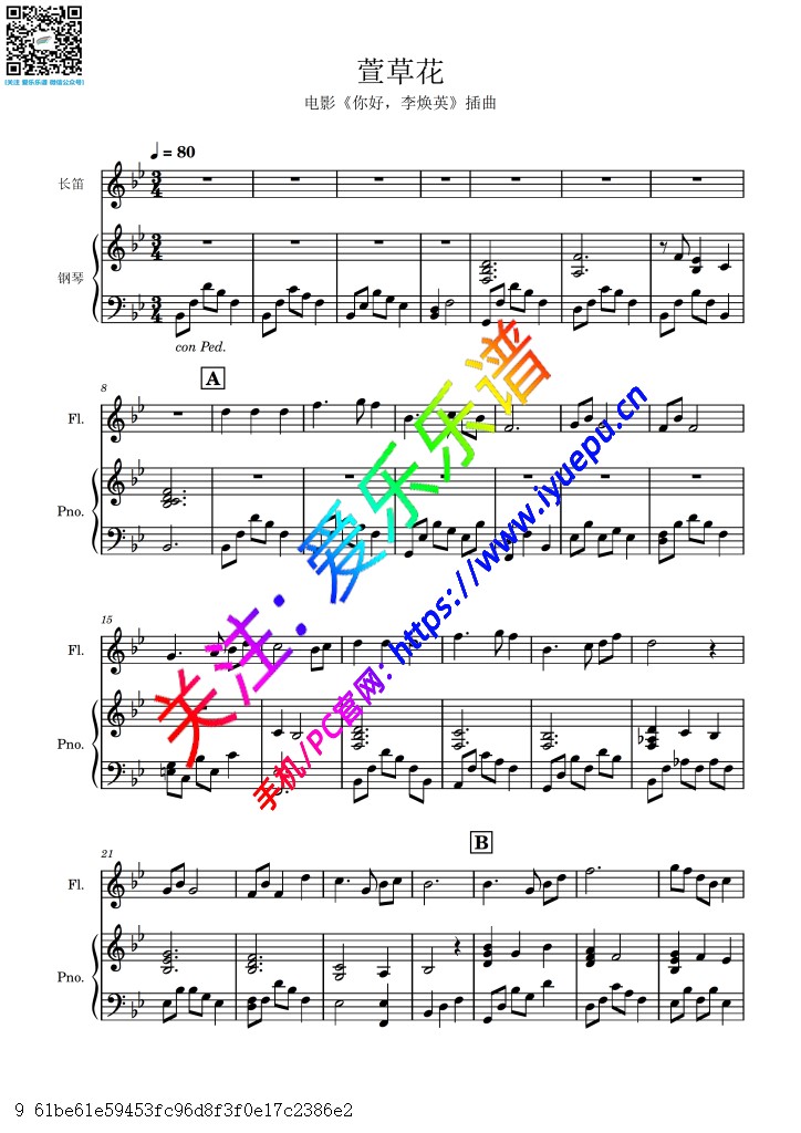 你好李焕英主题曲 萱草花 长笛谱与钢琴伴奏谱 乐谱曲谱总谱分谱伴奏音乐在线预览试听下载