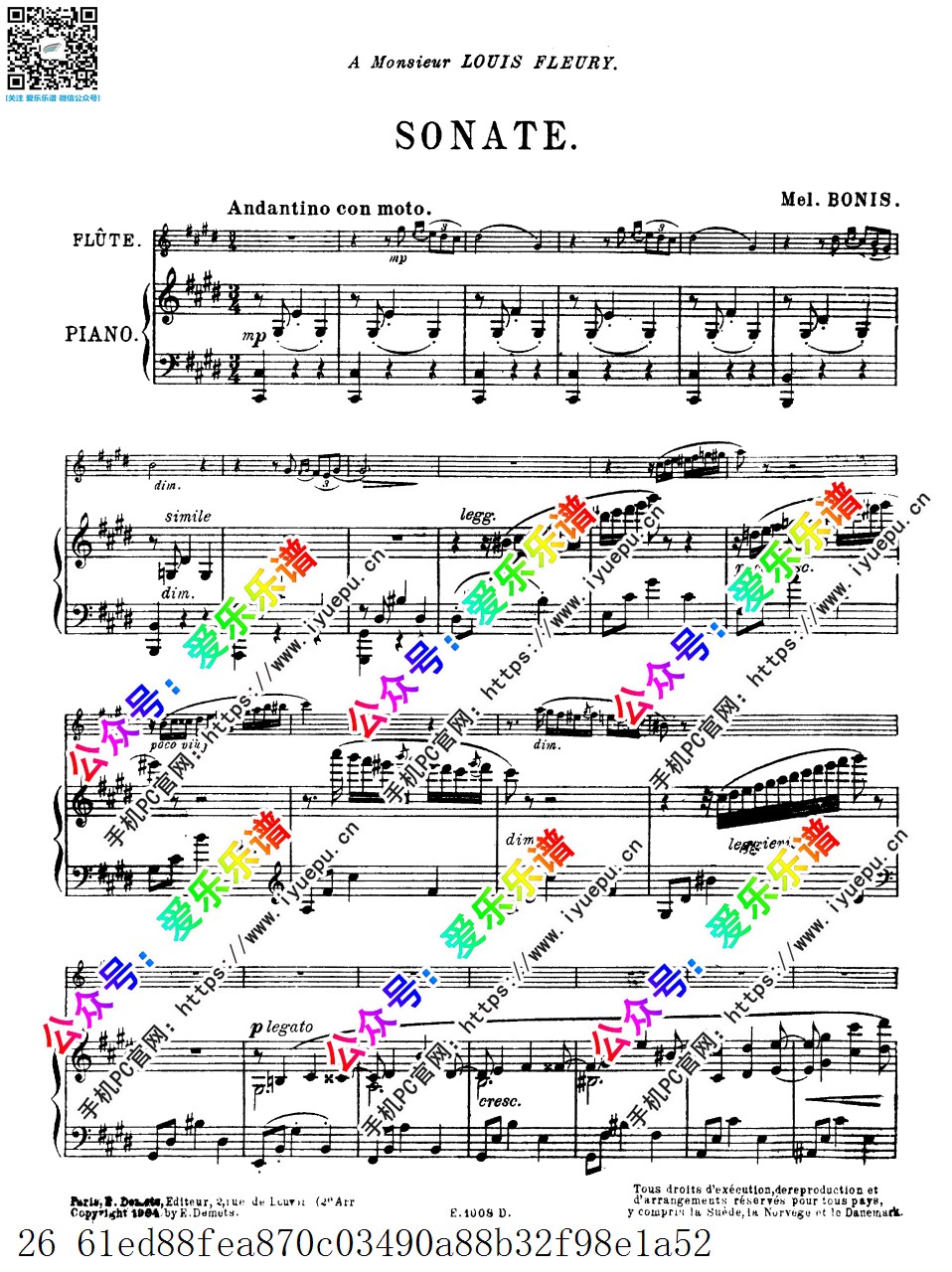 Bonis, Mel梅兰妮-波尼斯 Flute Sonata, Op.64 长笛奏鸣曲 长笛钢琴伴奏谱 乐谱曲谱总谱分谱伴奏音乐在线预览试听下载