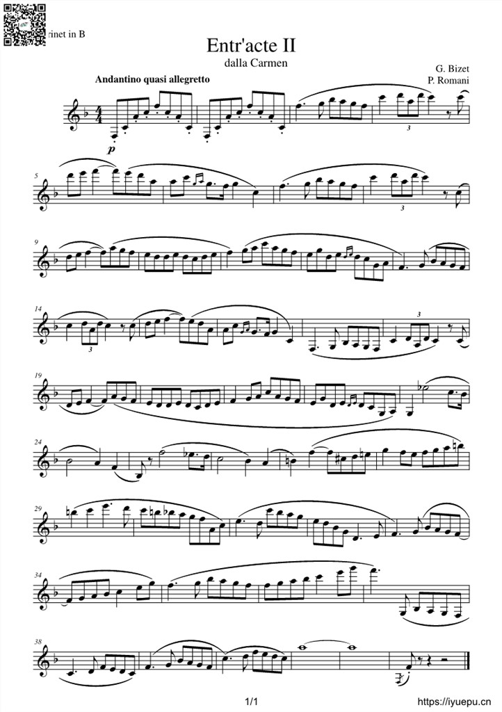 比才 卡门-间奏曲II Carmen-Entr'acte II单簧管谱 In bB 乐谱曲谱总谱分谱伴奏音乐在线预览试听下载