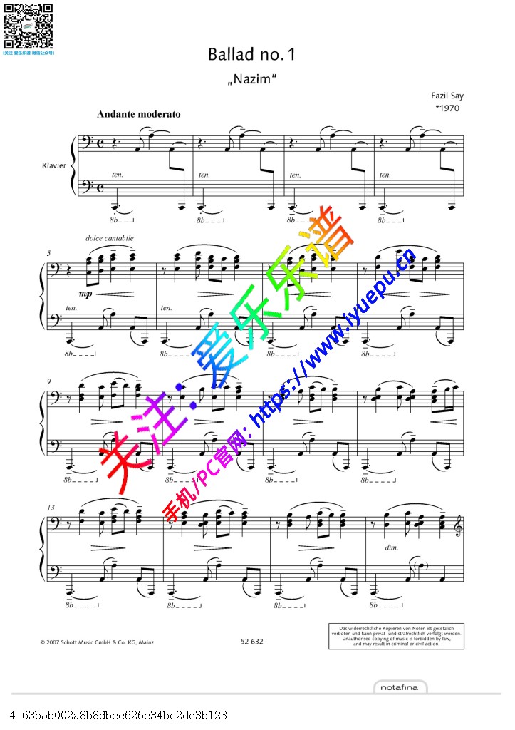 Fazil Say 法佐-塞伊 叙事曲第一首 Ballads Op.12 No.1 - Nazim 钢琴谱 原版 乐谱曲谱总谱分谱伴奏音乐在线预览试听下载