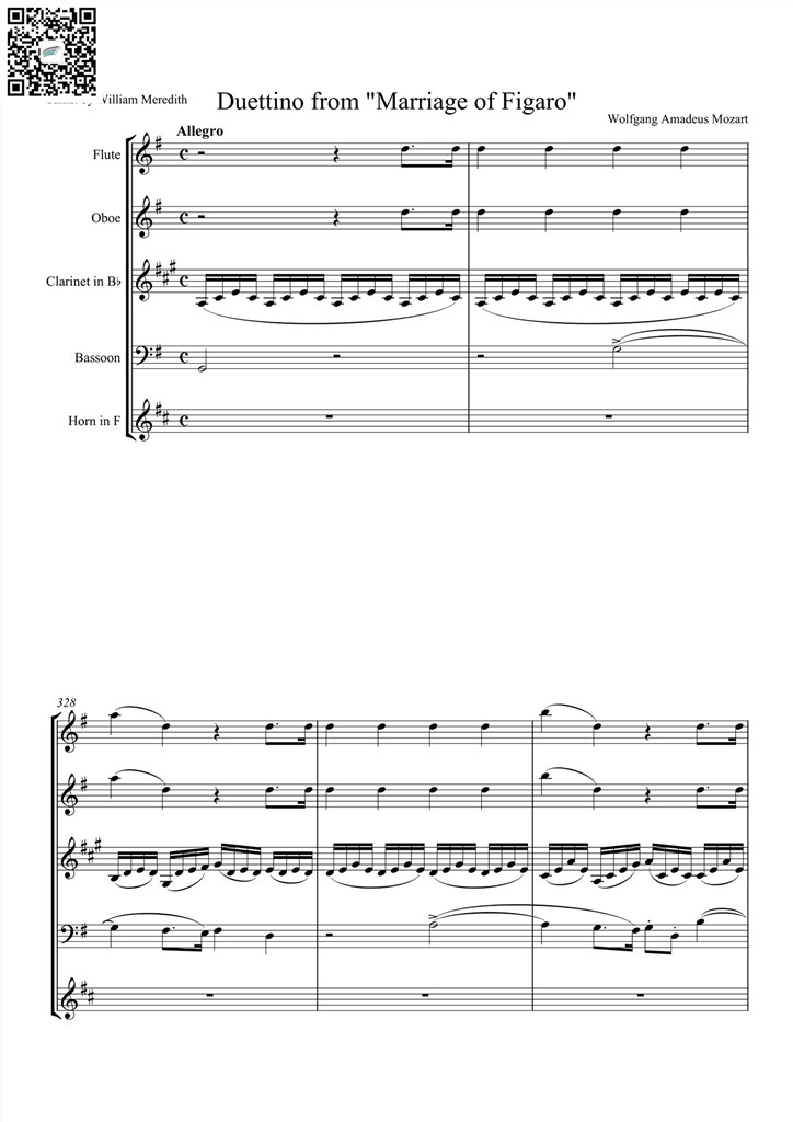 莫扎特 Duettino from Marriage of  figaro 木管五重奏总谱 乐谱曲谱总谱分谱伴奏音乐在线预览试听下载