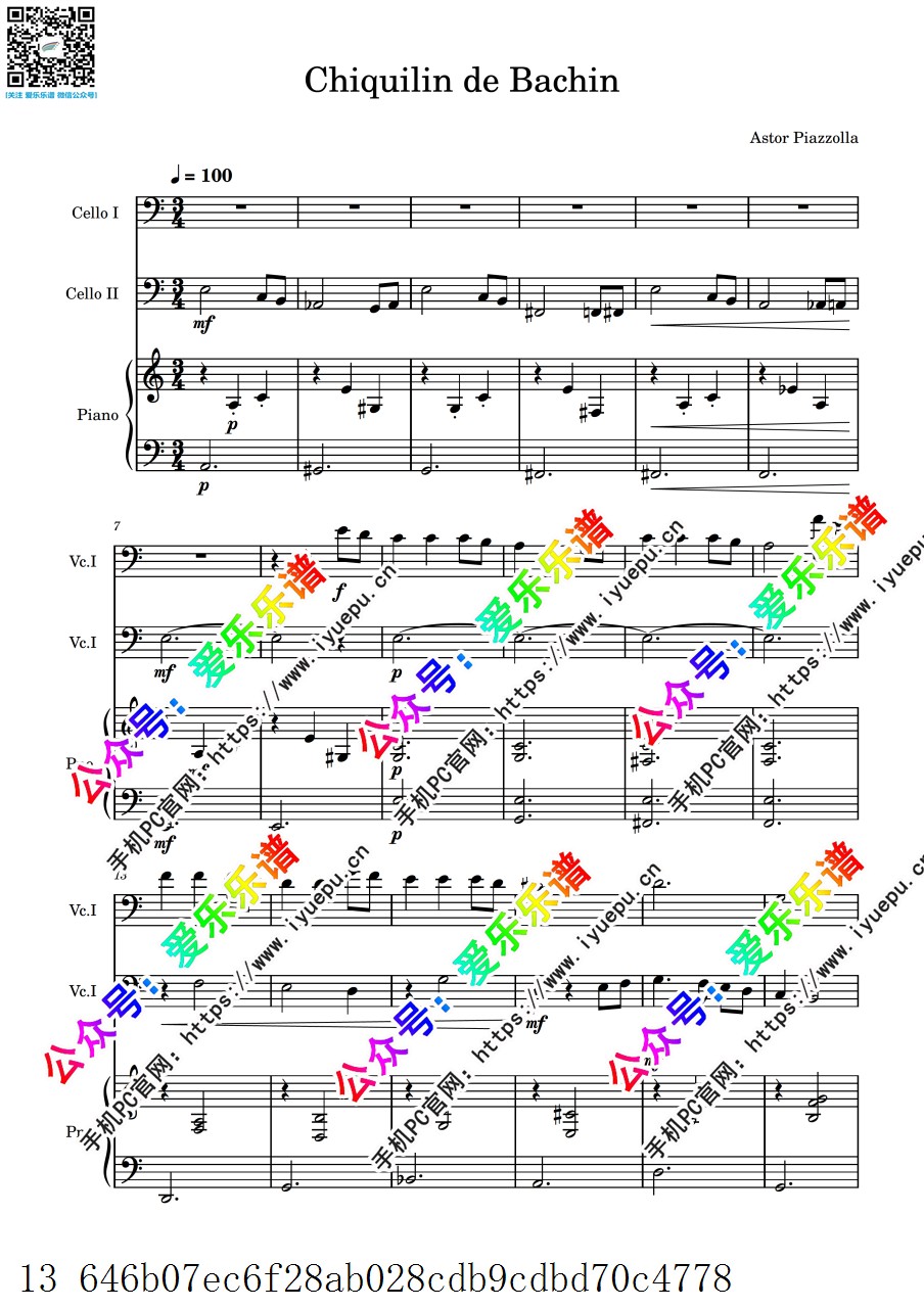 Piazzolla 皮亚佐拉 Chiquilin de Bachin 巴钦餐馆的卖花小孩 双大提琴钢琴三重奏-总谱和分谱 乐谱曲谱总谱分谱伴奏音乐在线预览试听下载