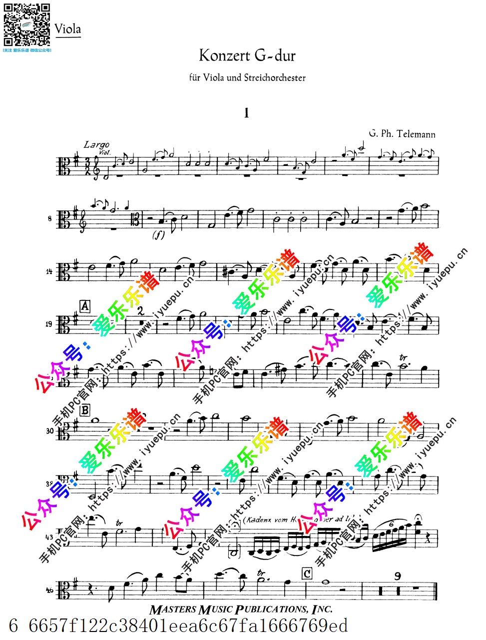 Telemann 泰勒曼G大调协奏曲 TWV51-G9 中提琴谱 乐谱曲谱总谱分谱伴奏音乐在线预览试听下载