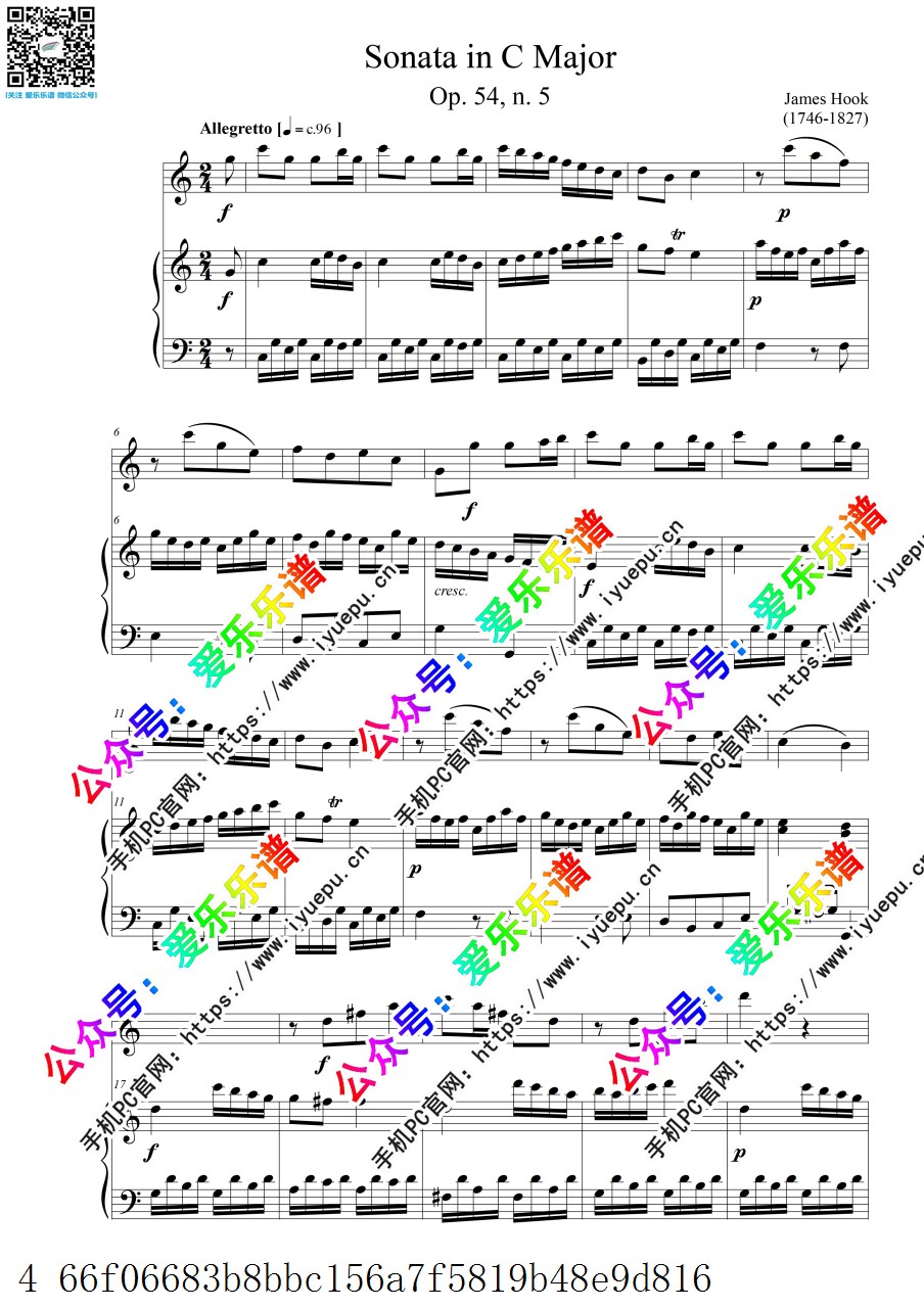James Hook詹姆斯-胡克 Sonata in C 1st Allegretto Op.54 No.5 C大调奏鸣曲第五首第一乐章 长笛钢琴伴奏谱 总谱 乐谱曲谱总谱分谱伴奏音乐在线预览试听下载