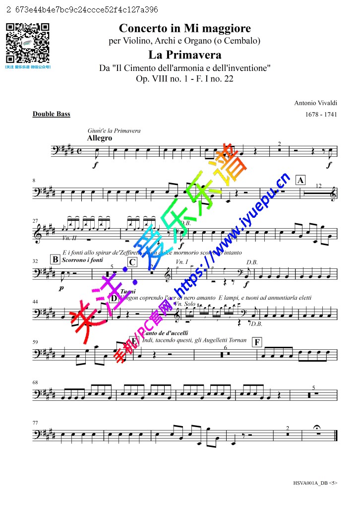 维瓦尔第 四季-春 rv269 室内乐 小提琴solo-弦乐五重奏 低音提琴分谱