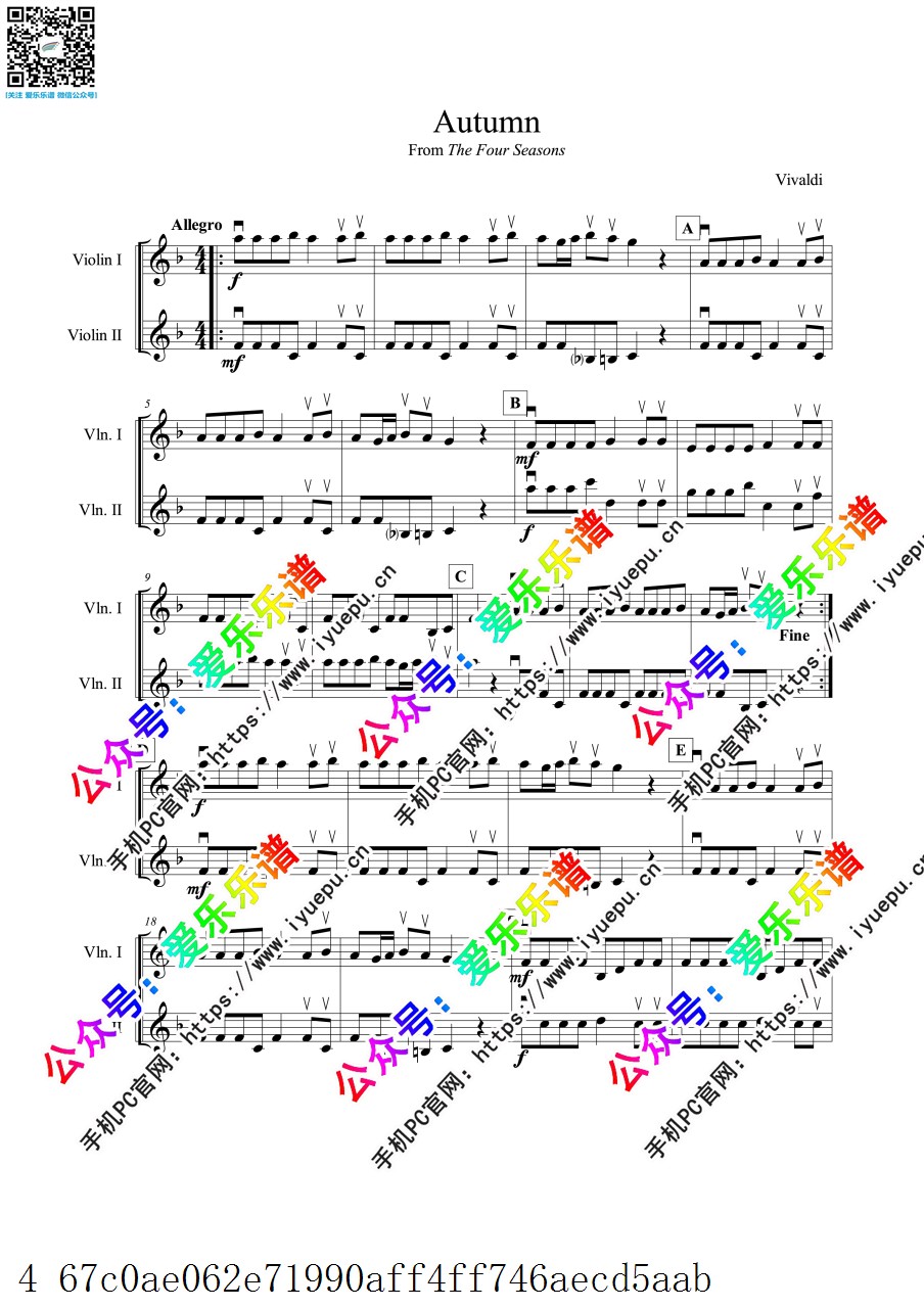 Vivaldi维瓦尔第 Autumn for Two Violins 四季 秋 第一乐章 双小提琴二重奏 官版 总分谱 乐谱曲谱总谱分谱伴奏音乐在线预览试听下载