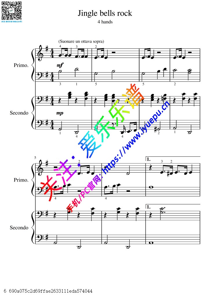 圣诞歌曲 Jingle Bell Rock 四手联弹钢琴-总谱与分谱 乐谱曲谱总谱分谱伴奏音乐在线预览试听下载