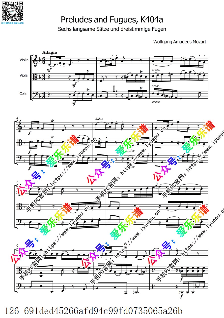 Moart Preludes and Fugues 莫扎特 六首前奏曲与赋格 K.404a 小中大提琴 弦乐三重奏-总谱和分谱 乐谱曲谱总谱分谱伴奏音乐在线预览试听下载