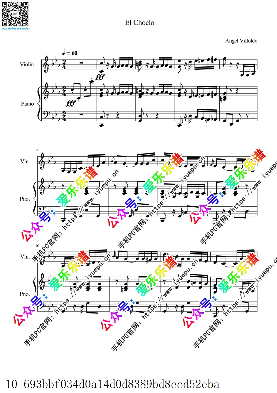 阿根廷探戈名曲 EL Choclo 火之吻 小提琴谱与钢琴伴奏谱 in c 乐谱曲谱总谱分谱伴奏音乐在线预览试听下载