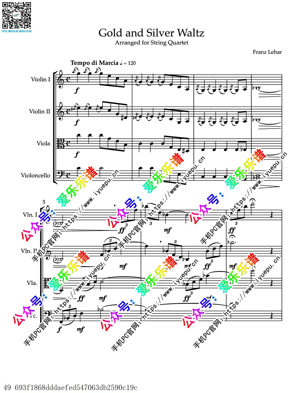 Lehar 莱哈尔 金与银圆舞曲 Op.79 Gold und Silber 2小中大提琴 弦乐四重奏 总谱与分谱 乐谱曲谱总谱分谱伴奏音乐在线预览试听下载