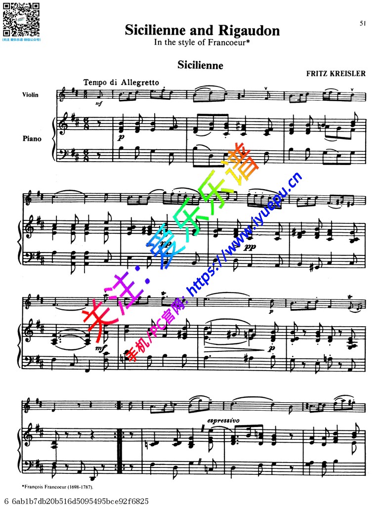 克莱斯勒Fritz Kreisler-Sicilienne and Rigaudon In the Style of Francoeur小提琴钢琴伴奏谱 乐谱曲谱总谱分谱伴奏音乐在线预览试听下载