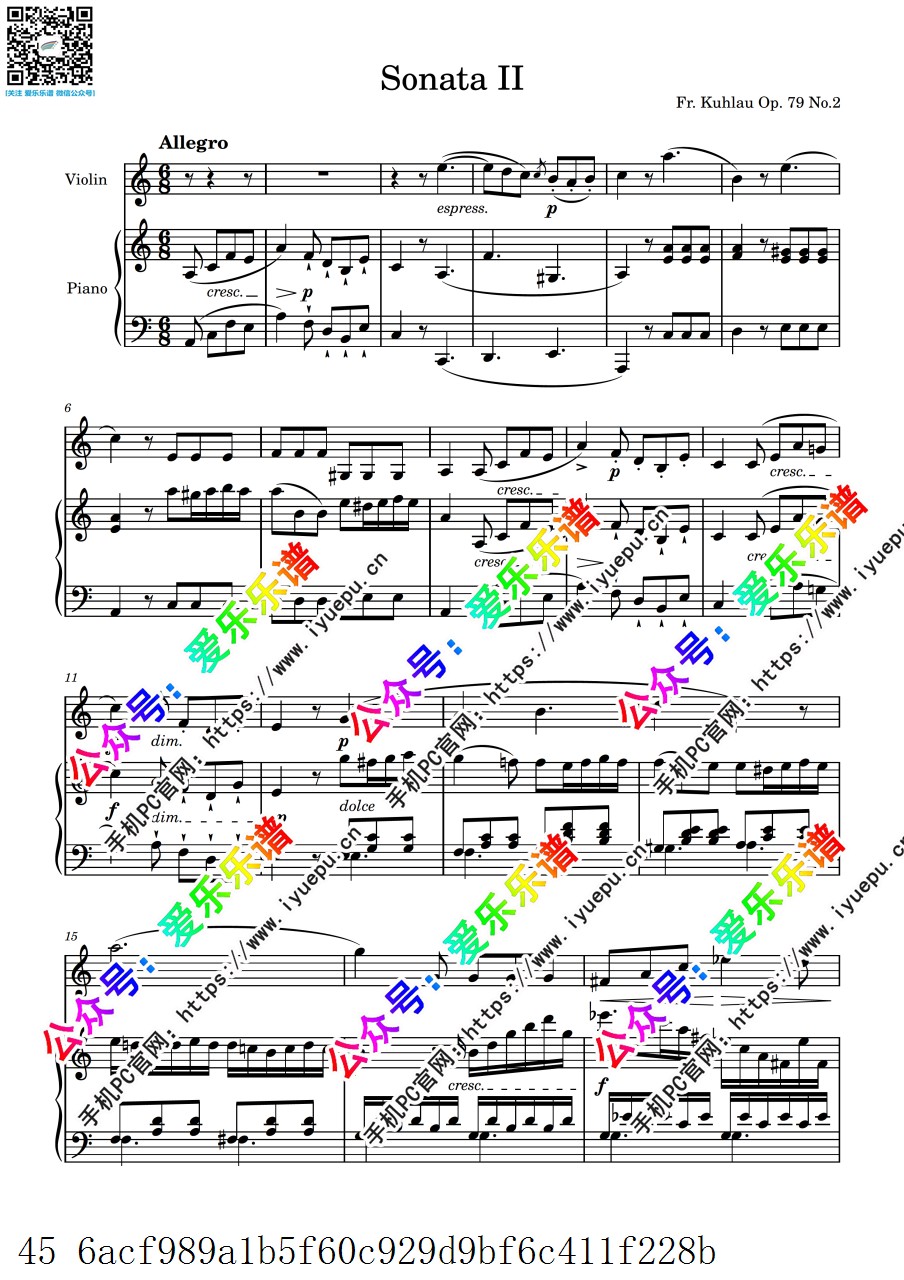Kuhlau 库劳a小调奏鸣曲 Sonata in A minor Op.79 No.2 小提琴谱与钢琴伴奏谱 乐谱曲谱总谱分谱伴奏音乐在线预览试听下载