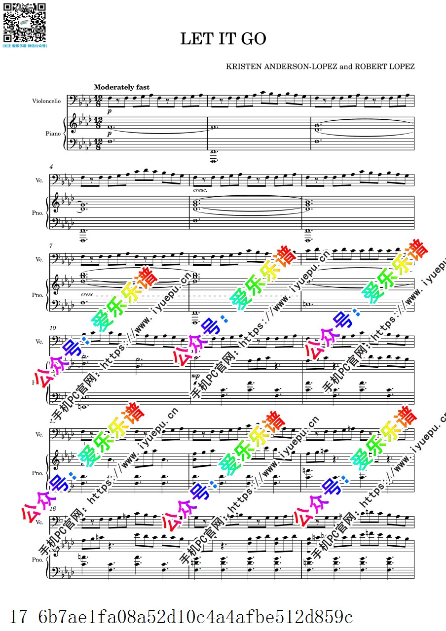 迪士尼动画 Frozen 冰雪奇缘主题曲 let it go 大提琴谱与钢琴伴奏谱 乐谱曲谱总谱分谱伴奏音乐在线预览试听下载