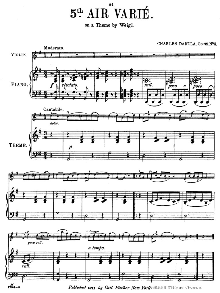 Dancla丹克拉第五变奏曲 韦格尔主题与变奏曲 Op.89 No.5 小提琴钢伴谱 乐谱曲谱总谱分谱伴奏音乐在线预览试听下载