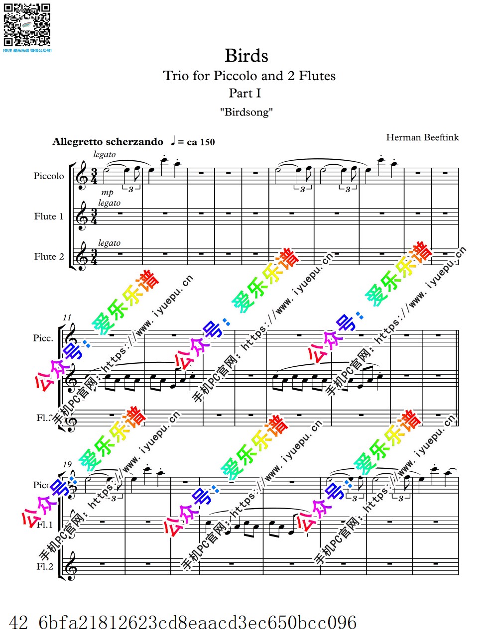 Herman Beeftink赫尔曼-贝夫廷克 Birds for Piccolo and 2 Flutes 鸟 长笛三重奏V1 总分谱 乐谱曲谱总谱分谱伴奏音乐在线预览试听下载