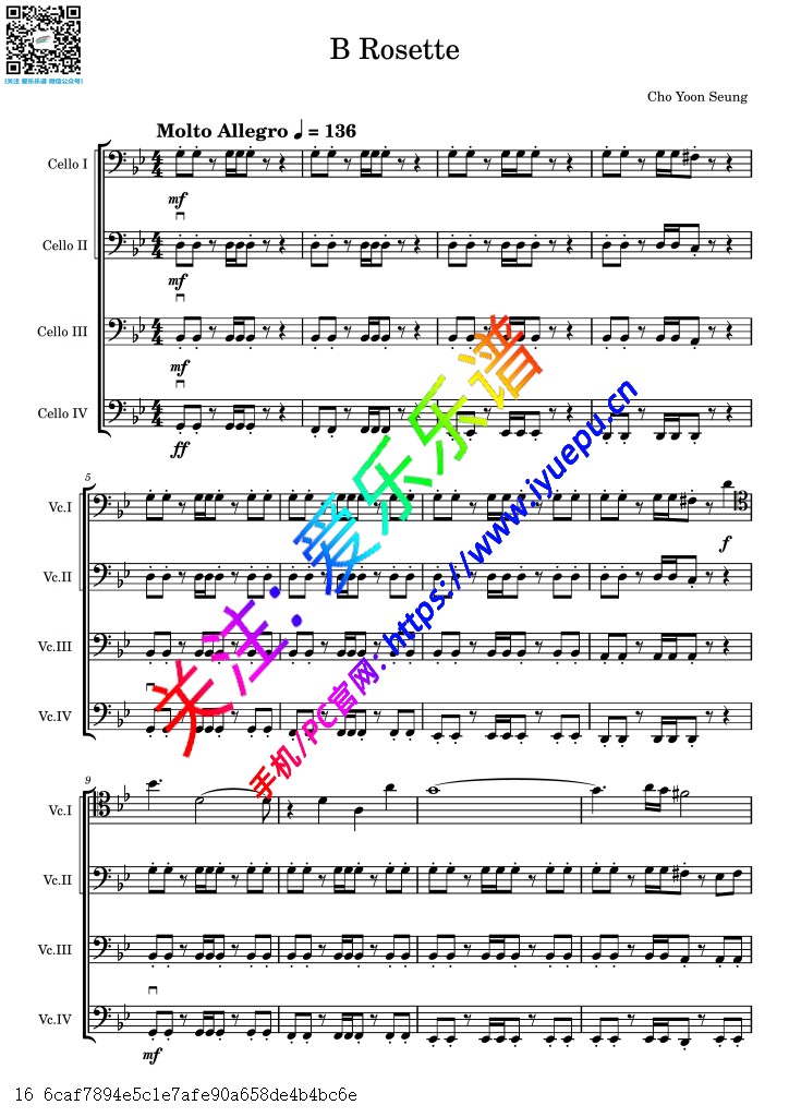 韩剧 白色巨塔 插曲 B Rossette 4大提琴四重奏-总谱与分谱V1 乐谱曲谱总谱分谱伴奏音乐在线预览试听下载