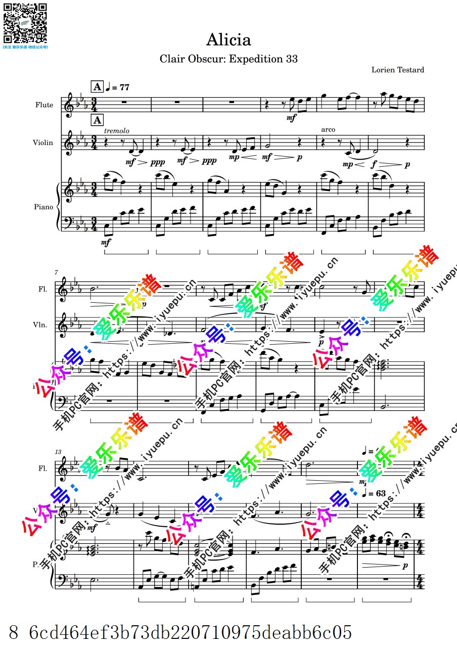 Alicia-Clair Obscur  Expedition33 光与影 33号远征队-长笛小提琴钢琴三重奏-总谱和分谱 乐谱曲谱总谱分谱伴奏音乐在线预览试听下载