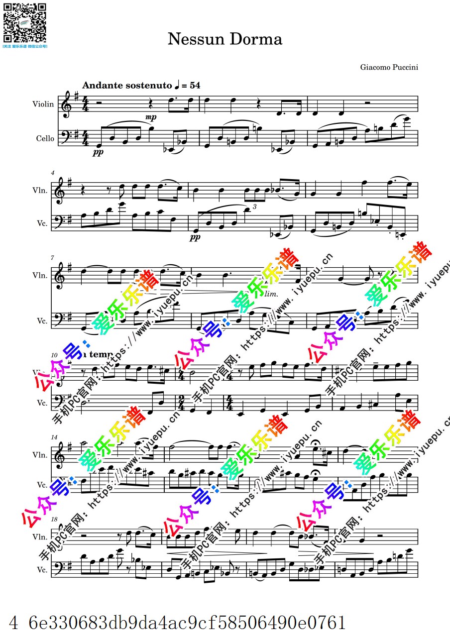 普契尼 今夜无人入睡 Nessun dorma  小提琴大提琴二重奏-总谱和分谱 乐谱曲谱总谱分谱伴奏音乐在线预览试听下载