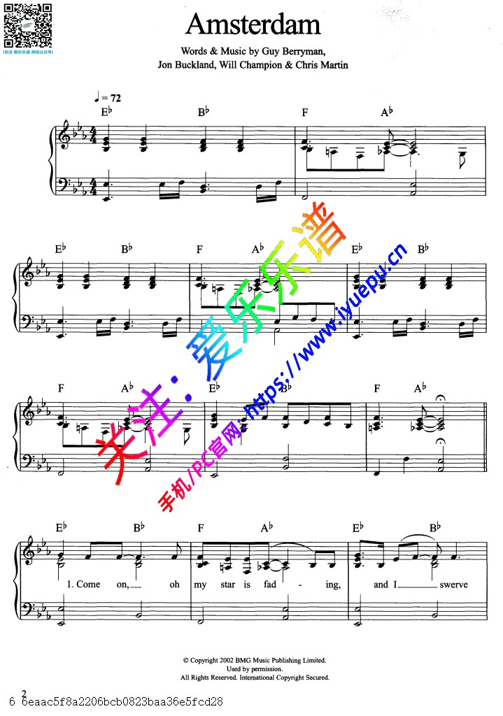 Coldplay-Guy Berryman -Aamsterdam 歌曲 钢琴弹唱谱 乐谱曲谱总谱分谱伴奏音乐在线预览试听下载