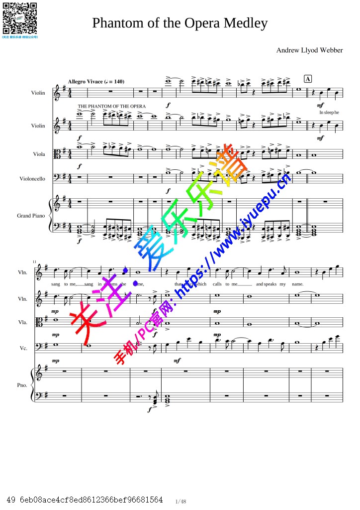歌剧魅影 Phantom of the Opera-Medley 弦乐四重奏与钢琴 五重奏 总谱分谱 乐谱曲谱总谱分谱伴奏音乐在线预览试听下载