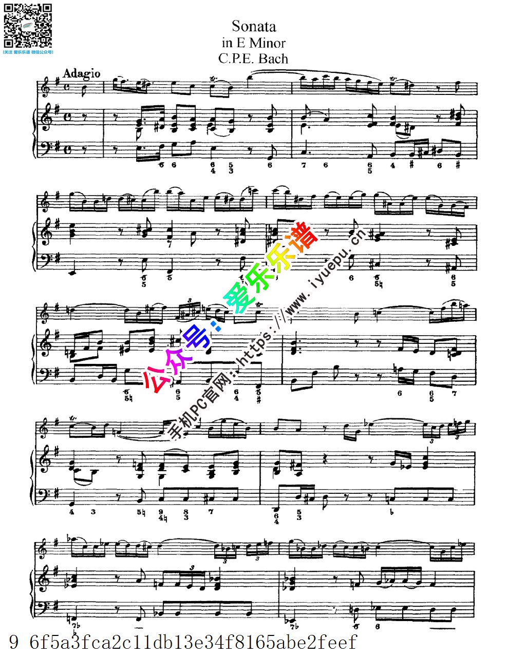 C.P.E. Bach巴赫 Flute Sonata in E minor, H.551, Wq.124 e小调长笛奏鸣曲 长笛谱与钢琴伴奏谱 乐谱曲谱总谱分谱伴奏音乐在线预览试听下载