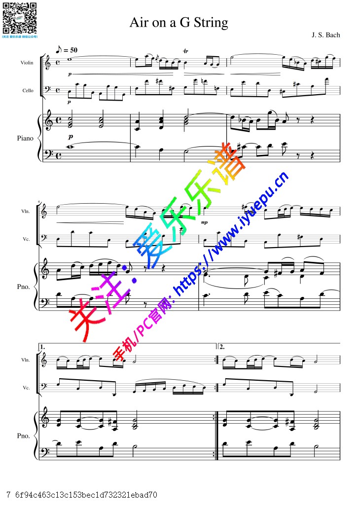 巴赫 G弦上的咏叹调 Air on G string 小提琴大提琴钢琴三重奏 总谱与分谱 in C 乐谱曲谱总谱分谱伴奏音乐在线预览试听下载