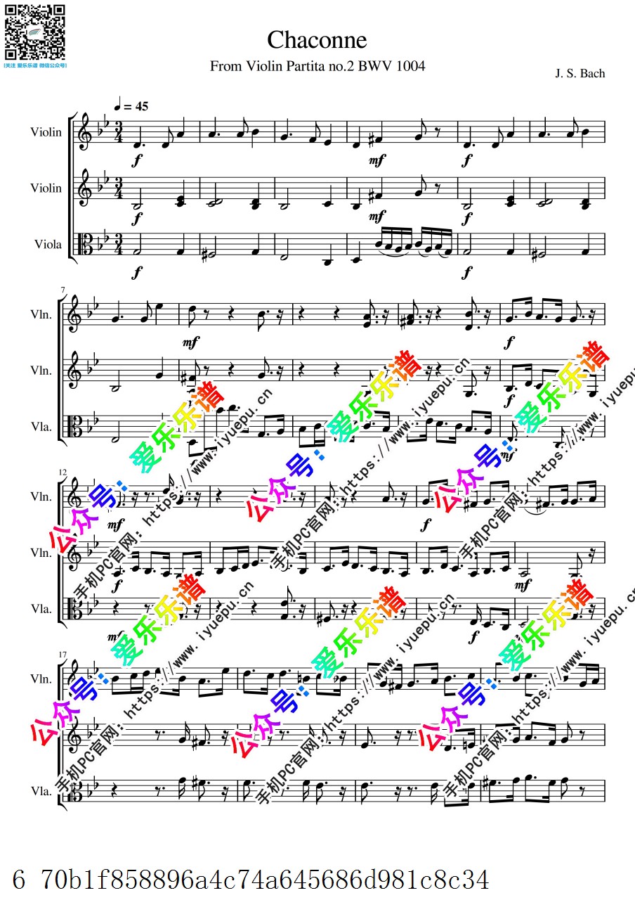 Bach 巴赫 恰空 Chaconne 2小提琴1中提琴 弦乐三重奏-简化版 总谱和分谱 乐谱曲谱总谱分谱伴奏音乐在线预览试听下载