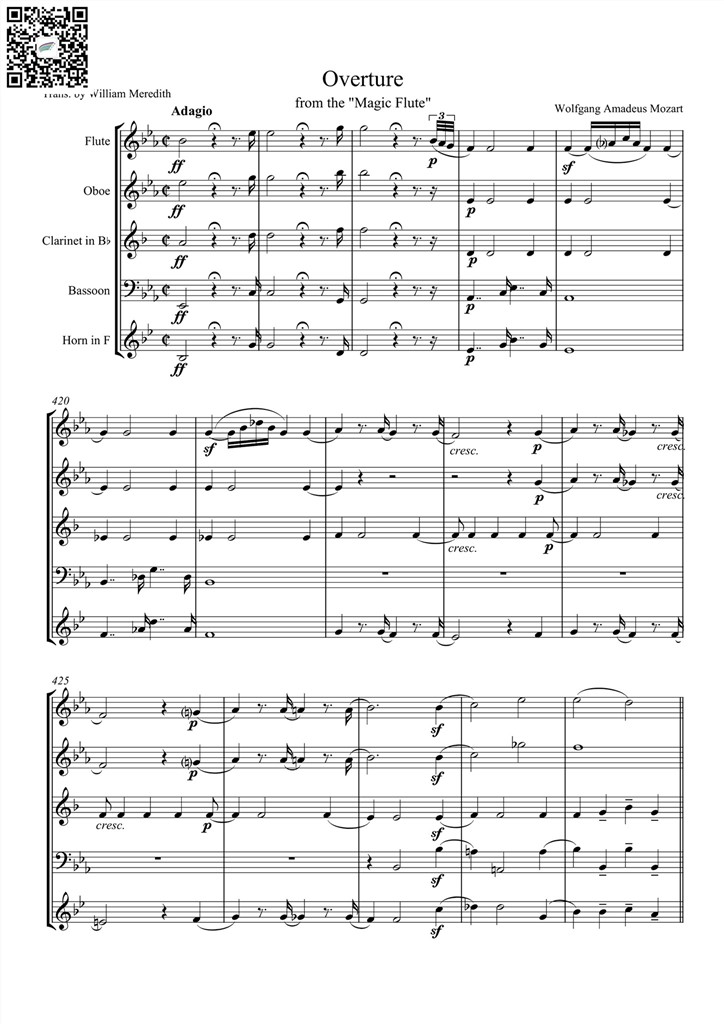 莫扎特 Overture 木管五重奏总谱 乐谱曲谱总谱分谱伴奏音乐在线预览试听下载