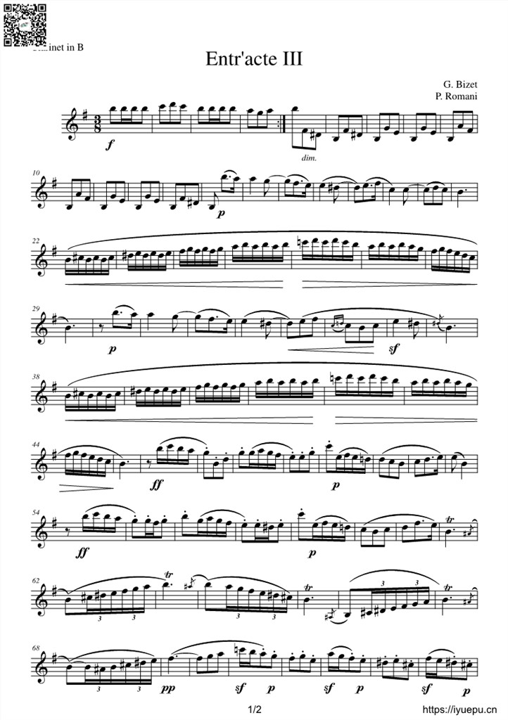 比才 卡门-间奏曲III Carmen-Entr'acte III单簧管谱 In bB 乐谱曲谱总谱分谱伴奏音乐在线预览试听下载