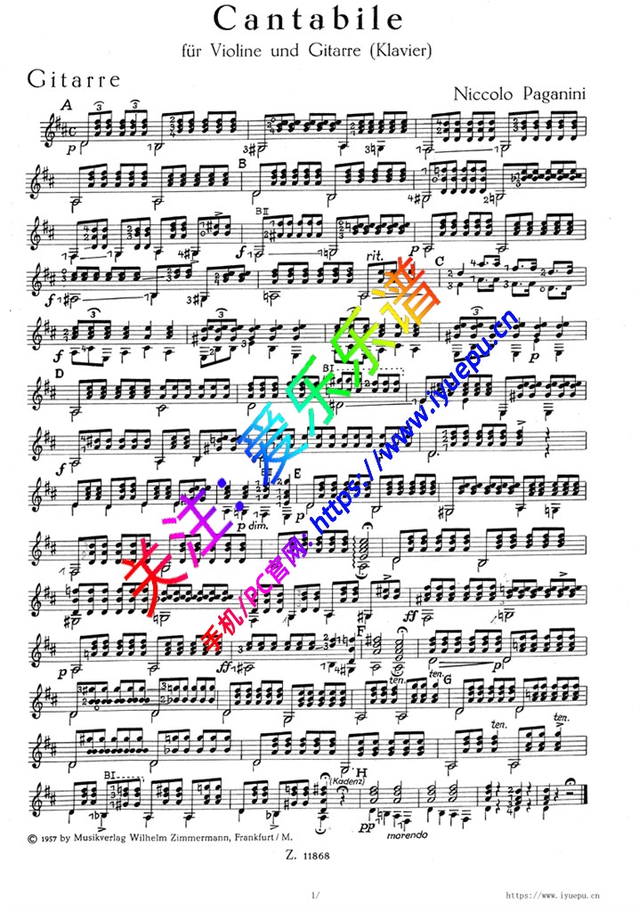 帕格尼尼 柔美如歌 Cantabile M109 Op17 吉他小提琴钢琴三重奏 分谱 乐谱曲谱总谱分谱伴奏音乐在线预览试听下载