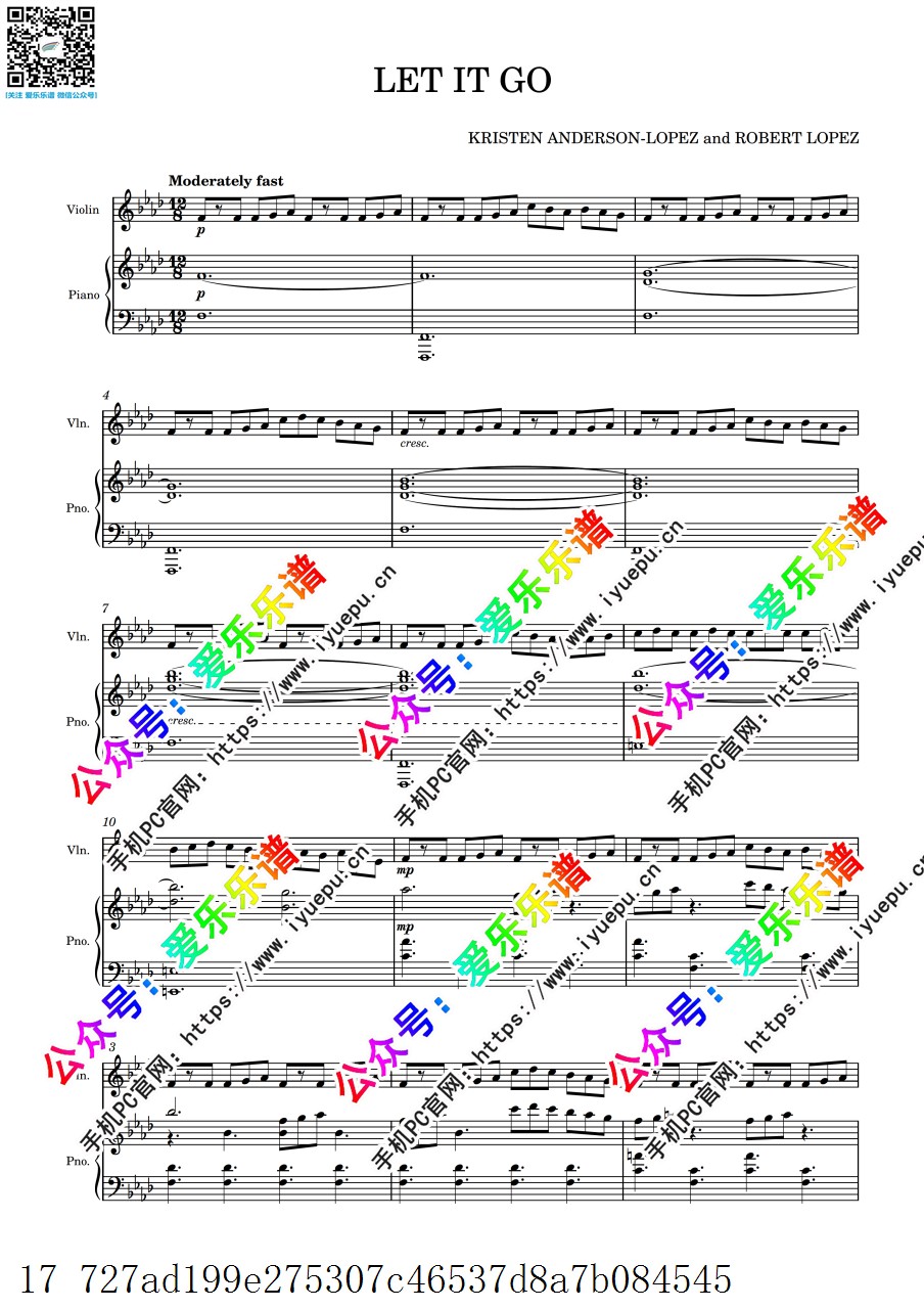 迪士尼动画 Frozen 冰雪奇缘主题曲 let it go 小提琴谱与钢琴伴奏谱 乐谱曲谱总谱分谱伴奏音乐在线预览试听下载