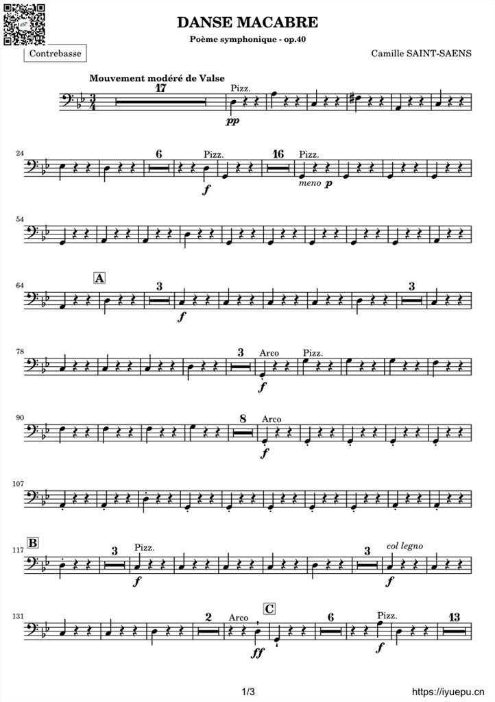 圣桑OP40 交响诗骷髅之舞 Danse macabre 交响乐谱Bass分谱 乐谱曲谱总谱分谱伴奏音乐在线预览试听下载