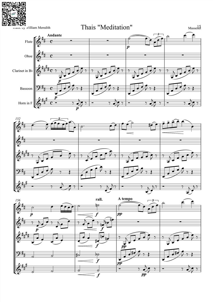 沉思 Thais Meditation木管五重奏总谱 乐谱曲谱总谱分谱伴奏音乐在线预览试听下载
