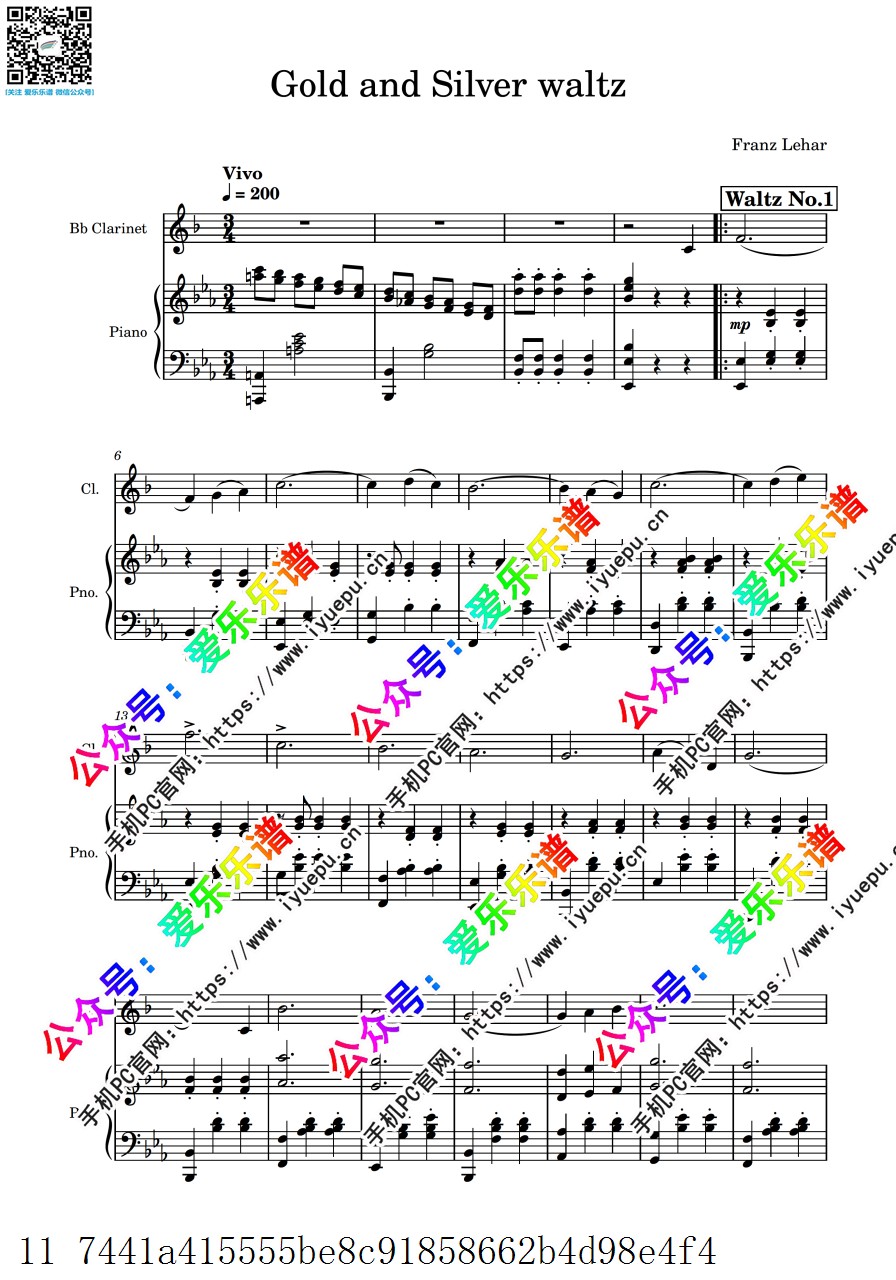 Lehar 莱哈尔 金与银圆舞曲 Gold and Silver Op.79 单簧管谱与钢琴伴奏谱 乐谱曲谱总谱分谱伴奏音乐在线预览试听下载