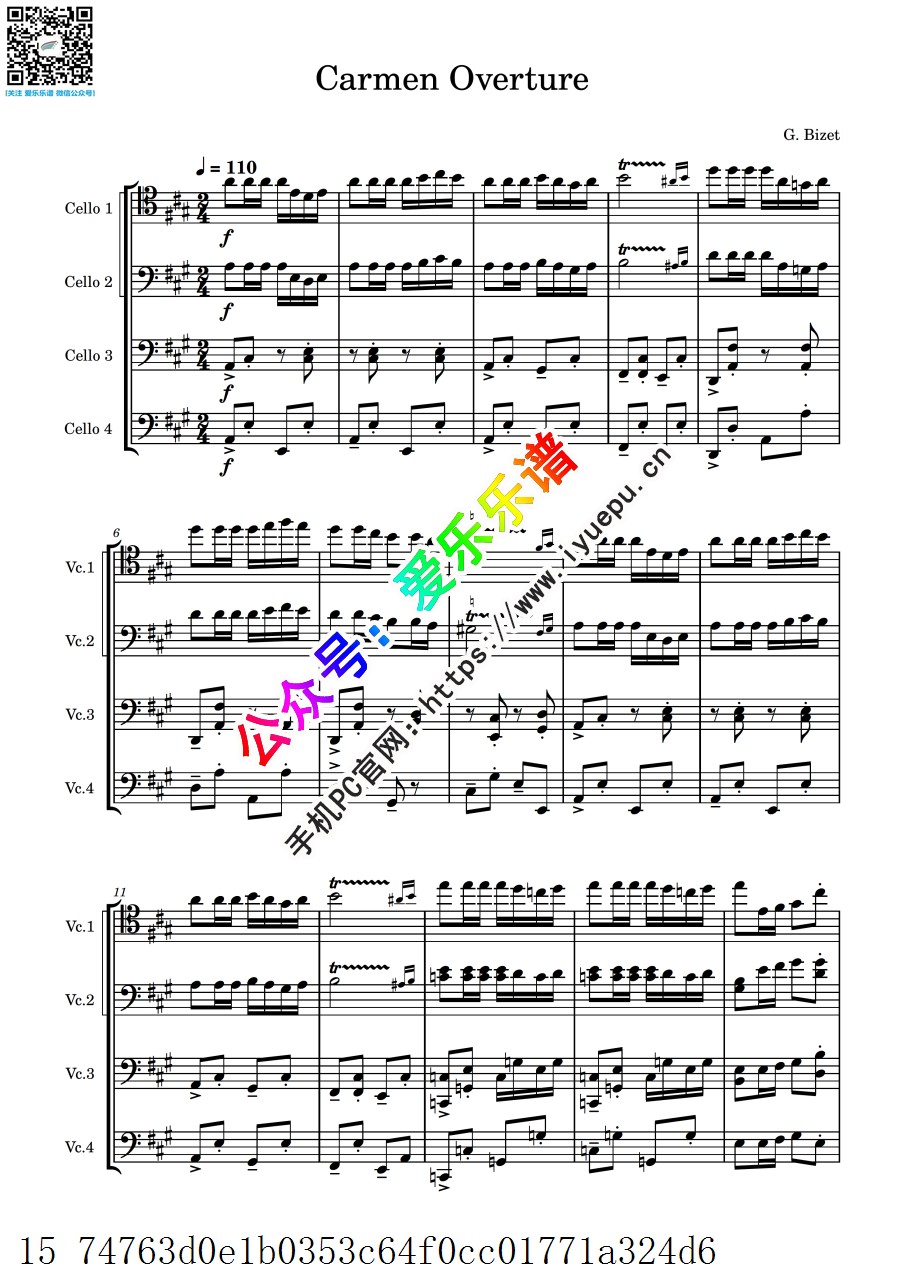 Bizert 比才 Carmen Overture 卡门序曲 4大提琴四重奏 总谱与分谱 乐谱曲谱总谱分谱伴奏音乐在线预览试听下载