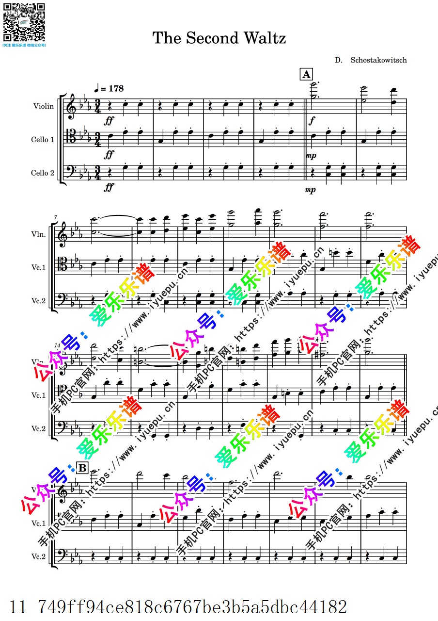 肖斯塔科维奇 The Second Waltz 第二圆舞曲 1小提琴2大提琴弦乐三重奏 V1-总谱和分谱 乐谱曲谱总谱分谱伴奏音乐在线预览试听下载
