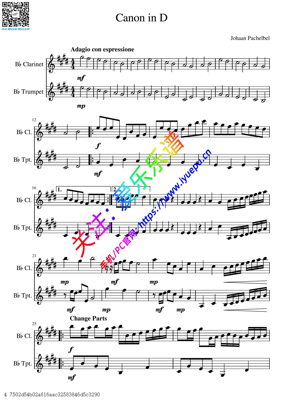 D大调卡农 Canon in D 单簧管小号二重奏-总谱与分谱 乐谱曲谱总谱分谱伴奏音乐在线预览试听下载