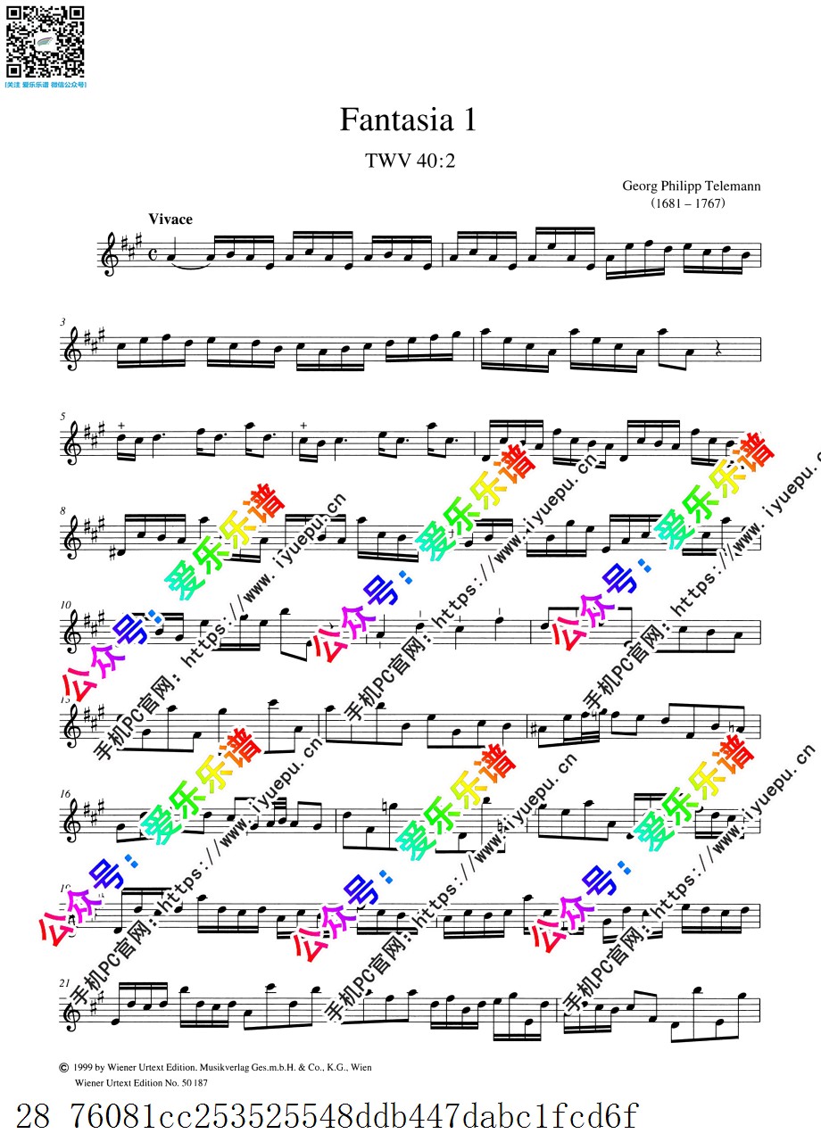 Telemann泰勒曼 十二首长笛幻想曲 12 Fantasias for Flute 长笛谱Vienna 乐谱曲谱总谱分谱伴奏音乐在线预览试听下载
