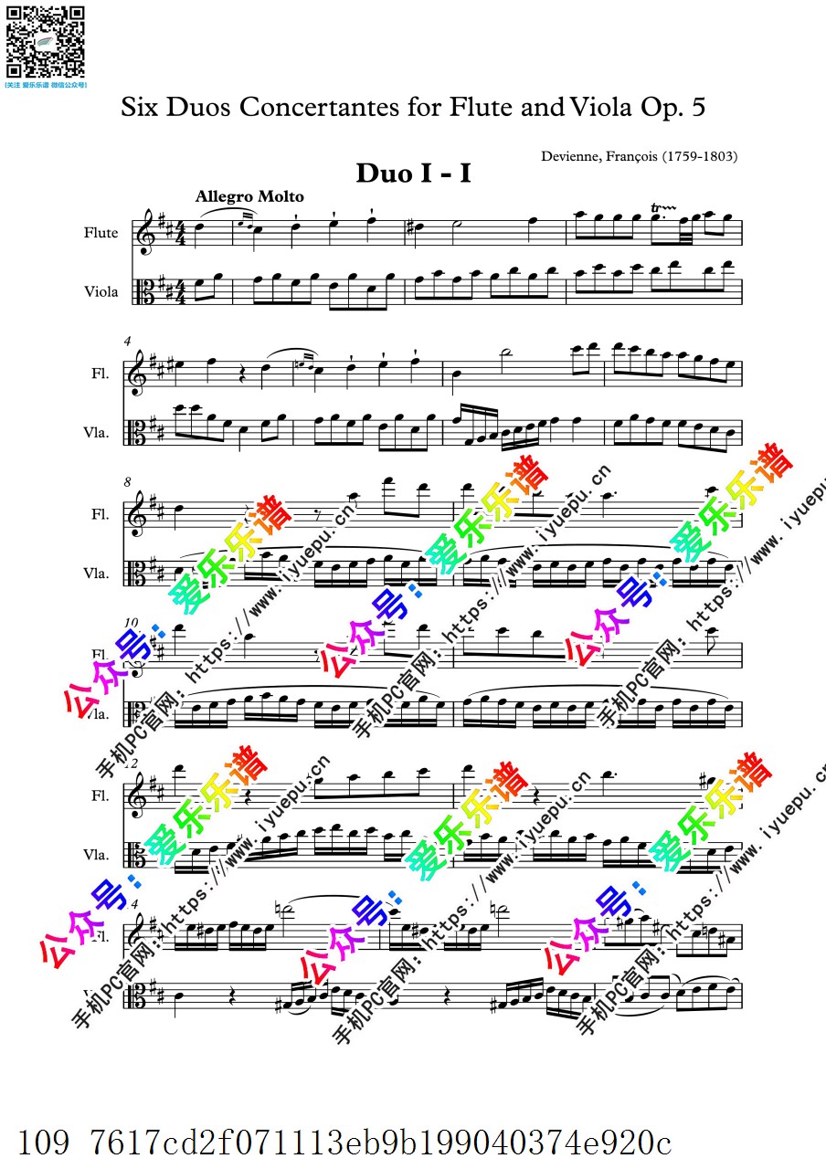 F.Devienne 6 Duos for Flute and Viola, Op.5 德维耶纳六首长笛中提琴二重奏 总谱与分谱 官版 乐谱曲谱总谱分谱伴奏音乐在线预览试听下载
