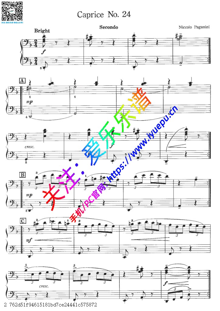 帕格尼尼 随想曲 Caprice No.24 钢琴四手联弹谱 钢琴二重奏谱 乐谱曲谱总谱分谱伴奏音乐在线预览试听下载