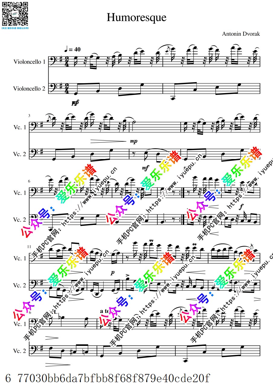 Dvorak 德沃夏克  Humoresque 幽默曲 双大提琴二重奏 G-总谱和分谱 乐谱曲谱总谱分谱伴奏音乐在线预览试听下载