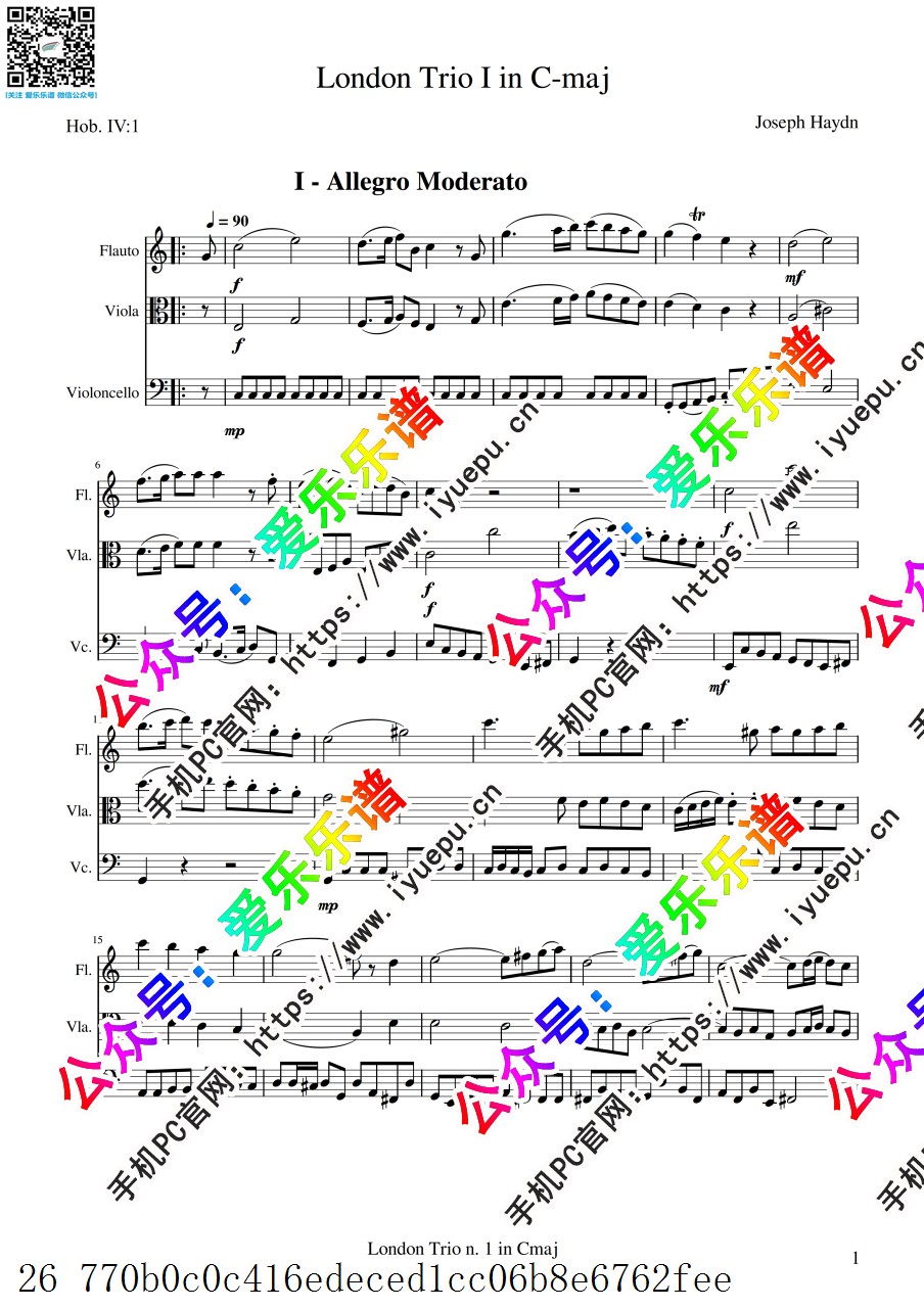 海顿 C大调 伦敦三重奏 London Trios No.1 长笛中提琴大提琴 三重奏-总谱与分谱 乐谱曲谱总谱分谱伴奏音乐在线预览试听下载