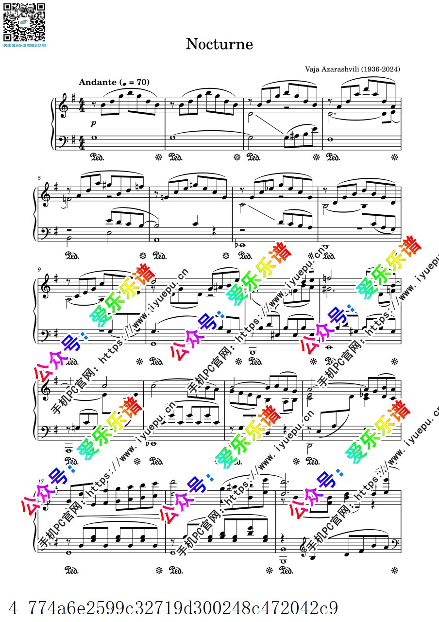 Vaja Azarashvili 瓦哈-阿扎拉什维利 夜曲 Nocturne 钢琴独奏谱 官版 乐谱曲谱总谱分谱伴奏音乐在线预览试听下载