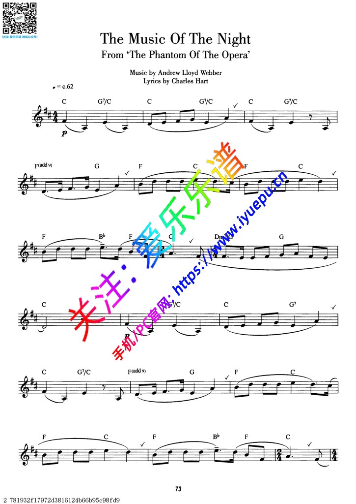 The music of the night夜晚的乐声 选自电影《歌剧魅影》单簧管谱 乐谱曲谱总谱分谱伴奏音乐在线预览试听下载