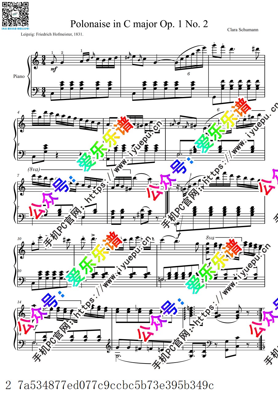 Schumann, Clara 舒曼 4 Polonaises, Op.1 No.2 4波罗乃兹舞曲之二 钢琴谱 乐谱曲谱总谱分谱伴奏音乐在线预览试听下载