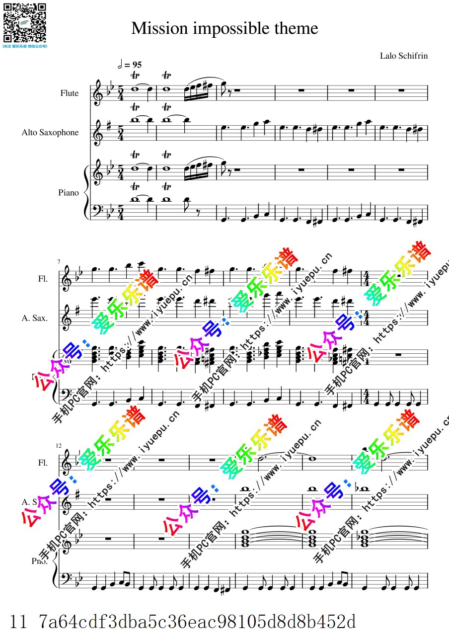 碟中谍主题曲 Mission Impossible 长笛中音萨克斯钢琴三重奏 总谱分谱 乐谱曲谱总谱分谱伴奏音乐在线预览试听下载