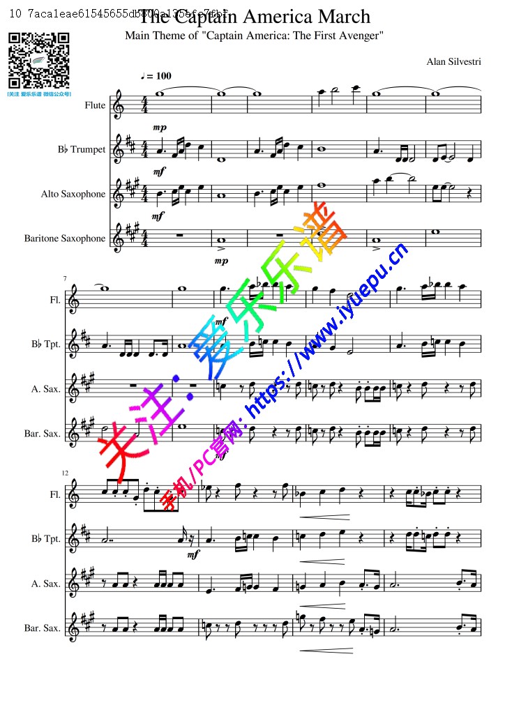 美国队长进行曲 The Captain America March 长笛小号2萨克斯 管乐四重奏 总谱 分谱-1 乐谱曲谱总谱分谱伴奏音乐在线预览试听下载