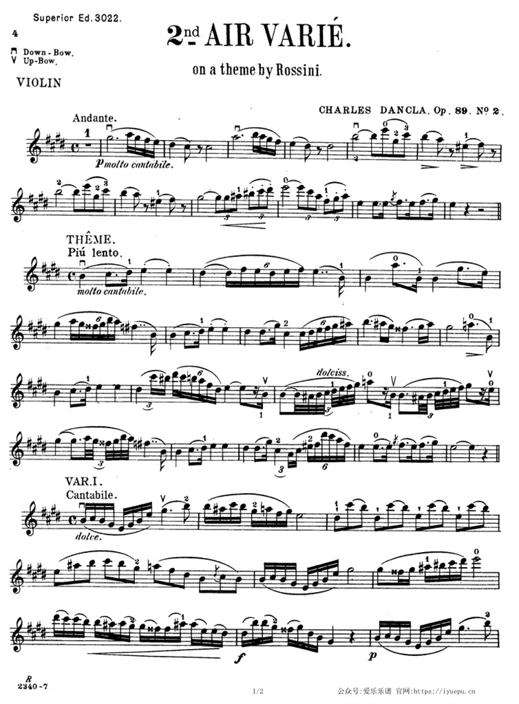 Dancla丹克拉第二变奏曲 罗西尼主题与变奏曲 Op.89 No.2 小提琴谱 乐谱曲谱总谱分谱伴奏音乐在线预览试听下载